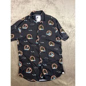 FREE PLANET Adult Men's Large‎ Black Floral Button Up Hawaiian Summer Beach